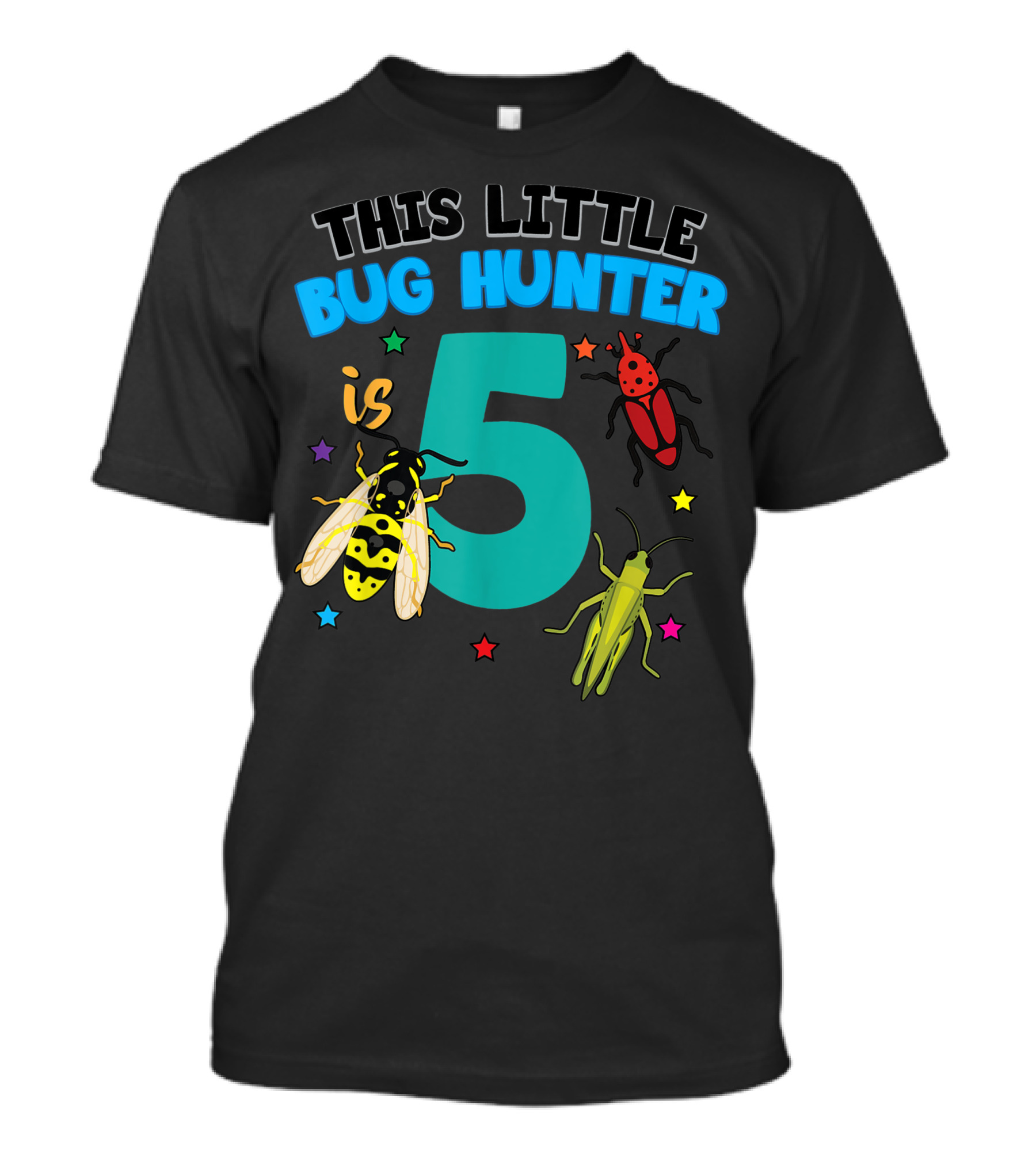 This Little Bug Hunter Is 5 Insect Birthday Girls Nummer Fünf Bees Beetles Grasshoppers Stars T-Shirt
