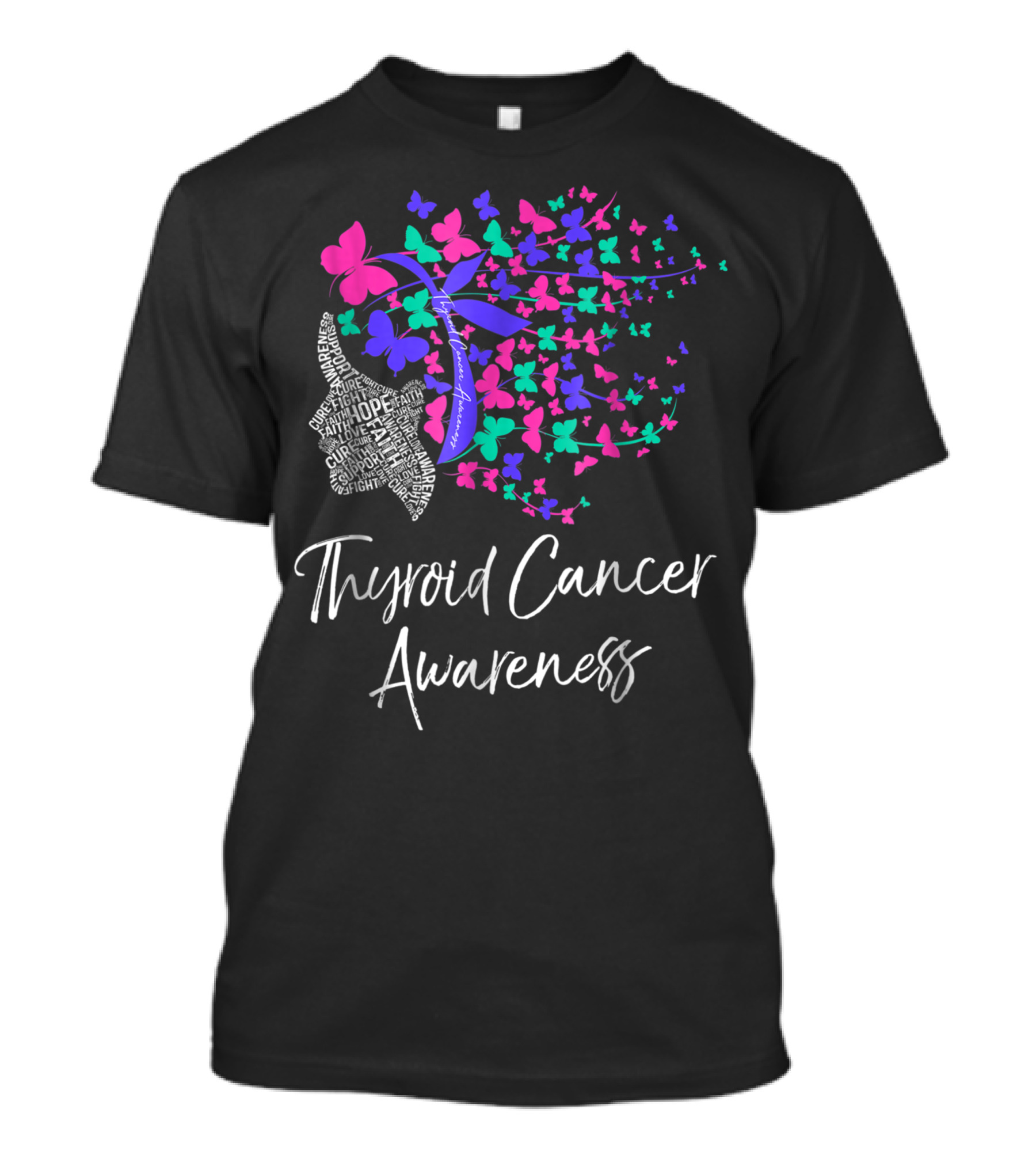 Thyroid Cancer Awareness Hope Cure Strength Courage Pink Purple Teal Butterflies T-Shirt