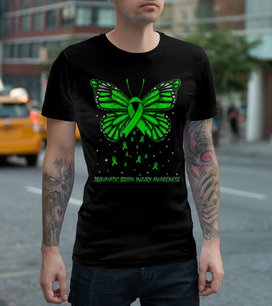 Traumatic Brain Injury Awareness Green Ribbon Butterfly T-Shirt