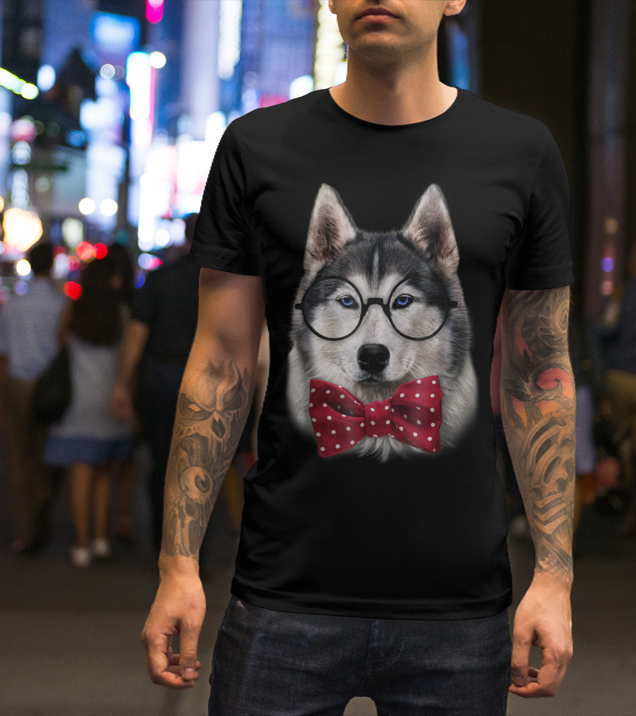 Smart Siberian Husky Glasses Polka Dot Bow Tie Bust T-Shirt