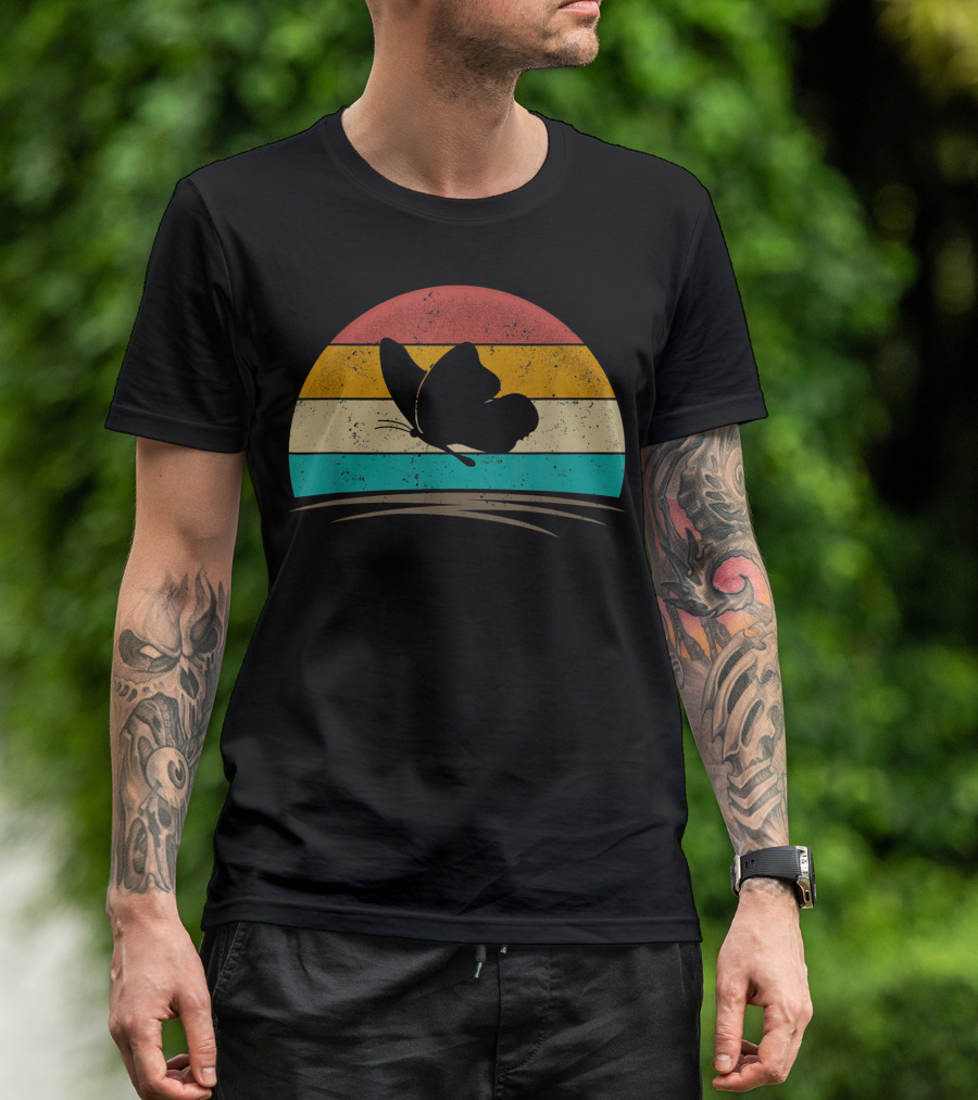 Vintage Distressed Butterfly Lover Retro Sunset Stripes T-Shirt