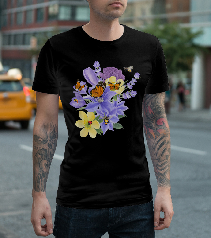 Vintage Monarch Butterfly With Botanical Flower Plant Arrangement T-Shirt