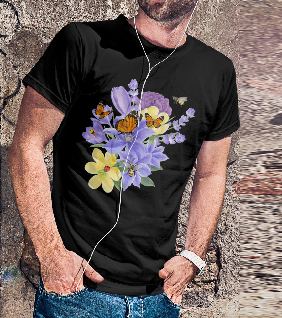 Vintage Monarch Butterfly With Botanical Flower Plant Arrangement T-Shirt