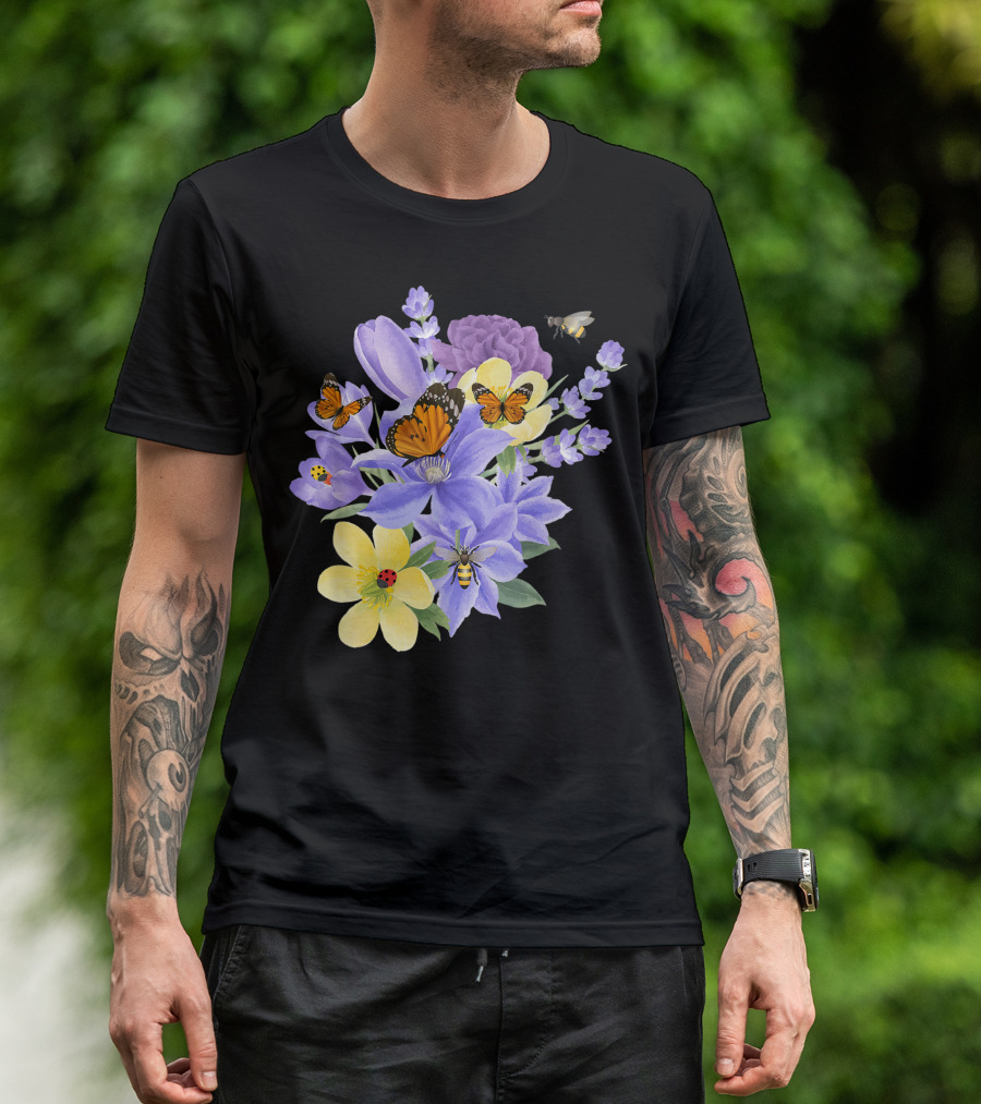 Vintage Monarch Butterfly With Botanical Flower Plant Arrangement T-Shirt