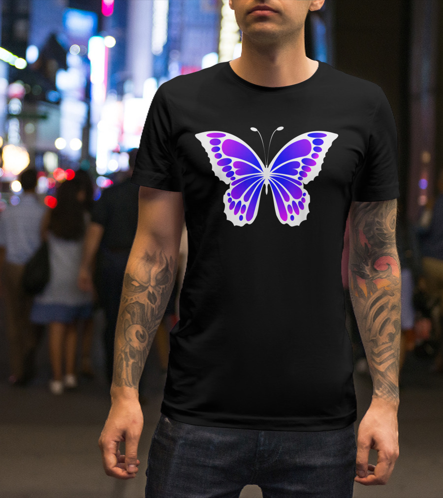 White Blue Purple Butterfly Pattern Wings T-Shirt
