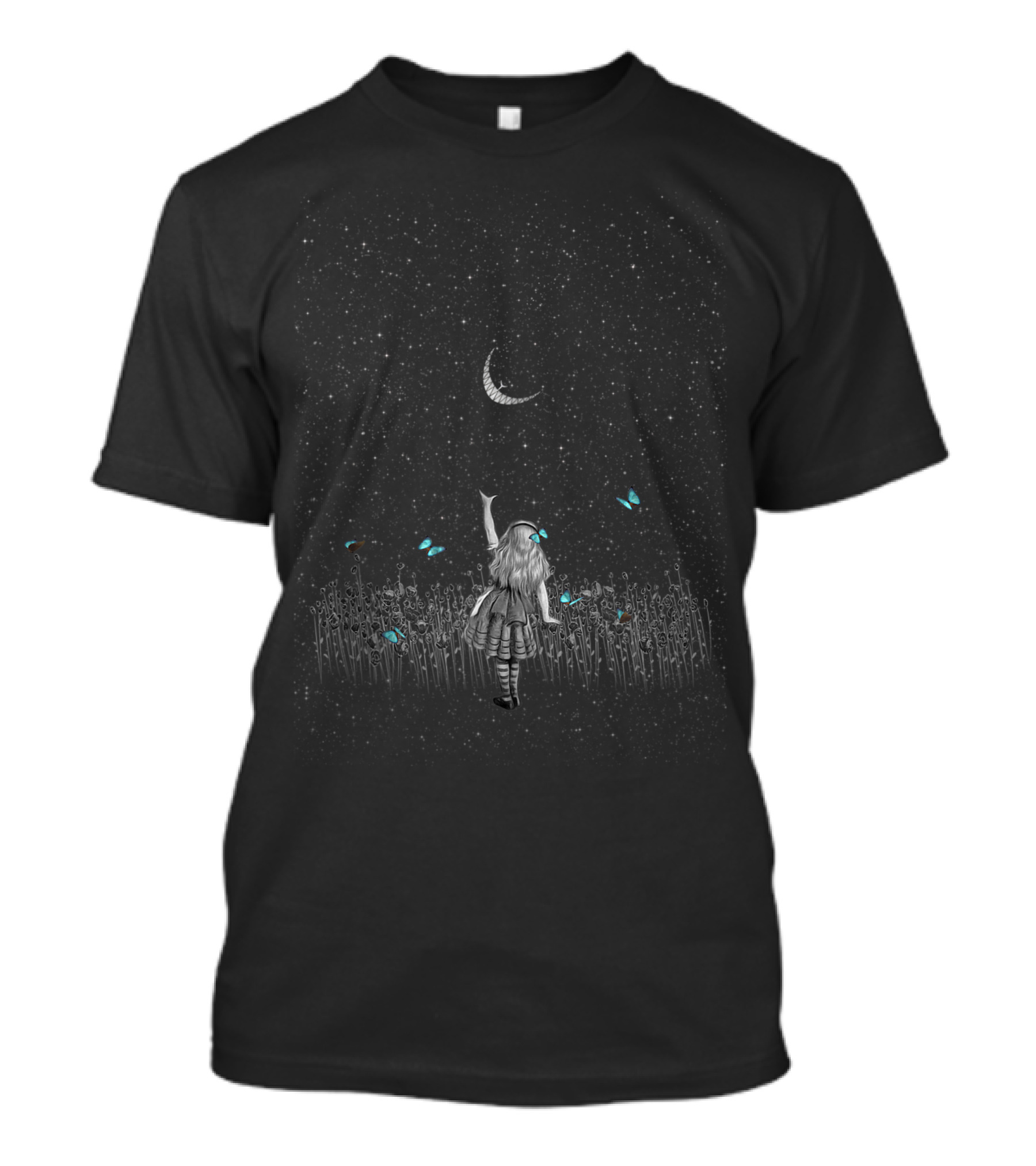 Alice Reaching For Starry Night Crescent In Wonderland T-Shirt
