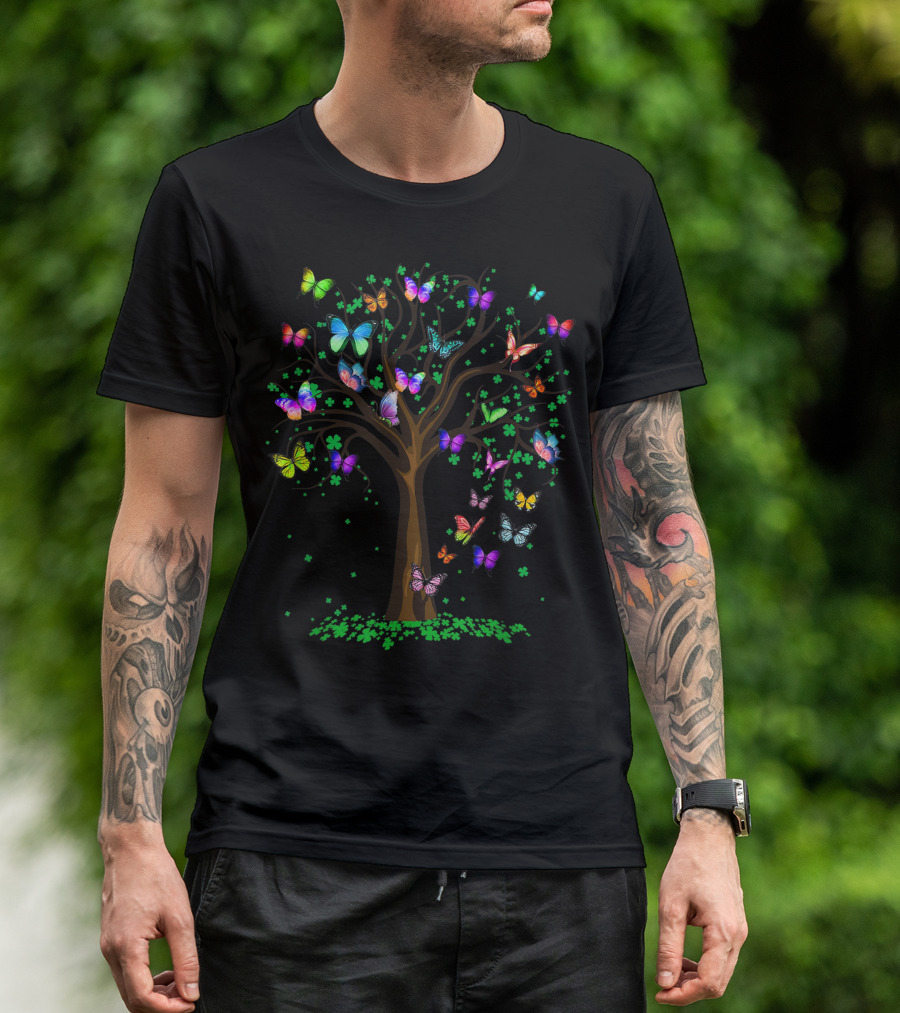 Butterflies Flying Among Tree With Clover Leaves T-Shirt