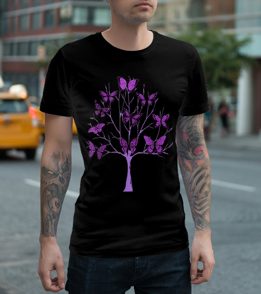 Purple Butterfly Tree Of Life Black Background Butterflies T-Shirt