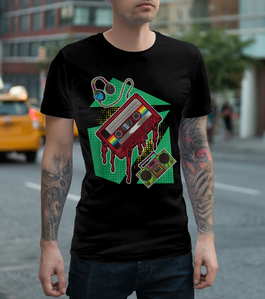 Vintage Melting Cassette Tape with Headphones and Boombox 90s Party Music Nineties T-Shirt
