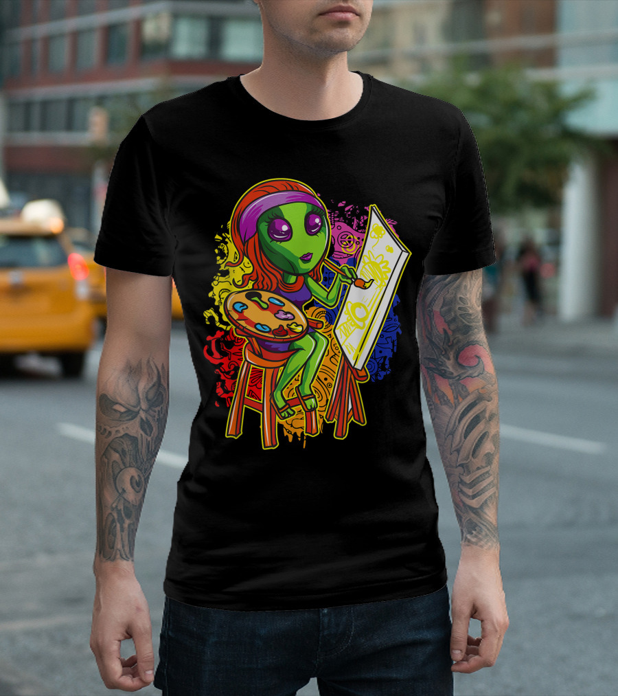 Alien Hippie Painter Girl with Palette and Easel in Cute Colorful Science Fiction T-Shirt