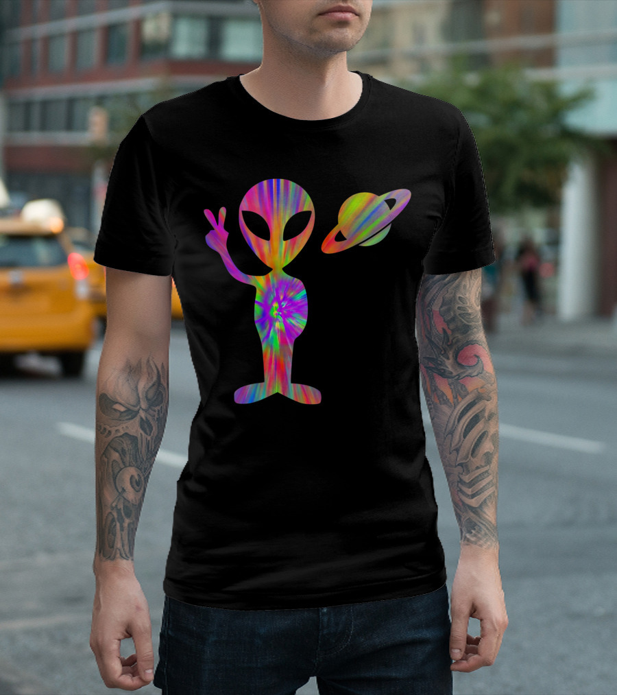 Tie Dye Alien Peace Sign with Saturn Ufo Roswell Vibes T-Shirt
