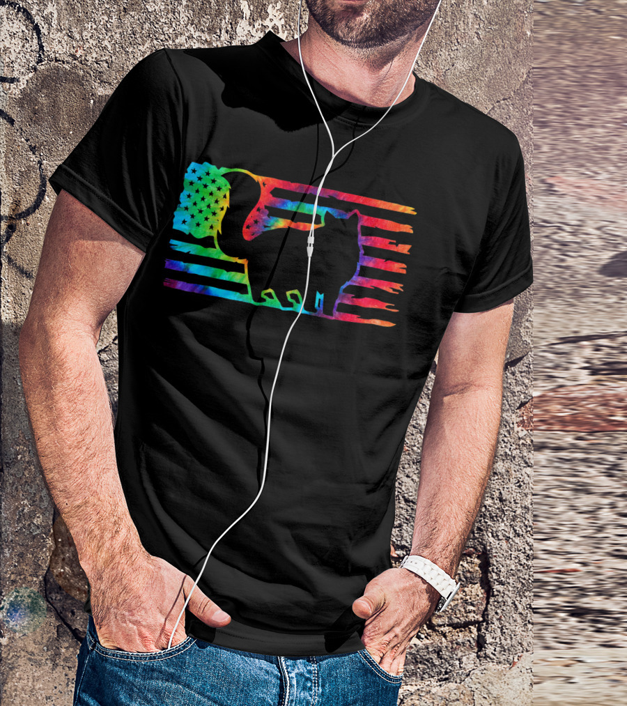 American Flag Rainbow Tie Dye Hippy Cat T-Shirt