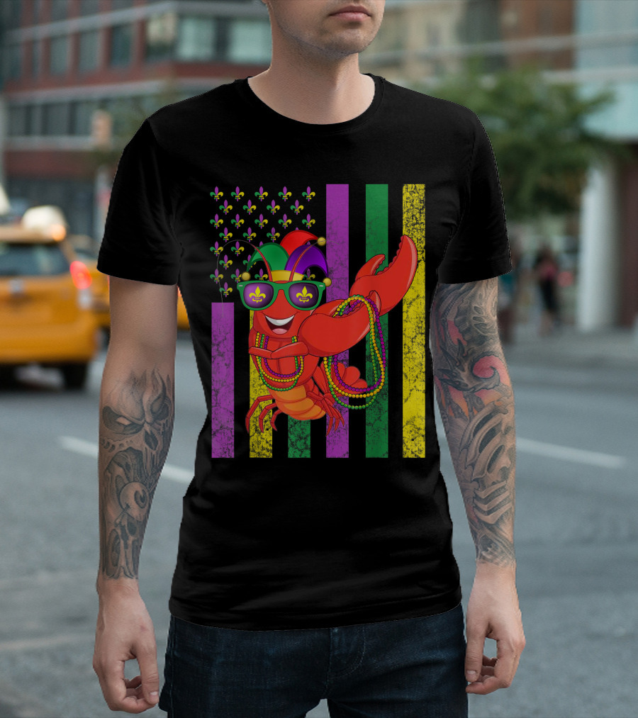 American Flag Mardi Gras Crawfish Dabbing Fleur-de-lis Beads Jester Hat Sunglasses Stripes T-Shirt