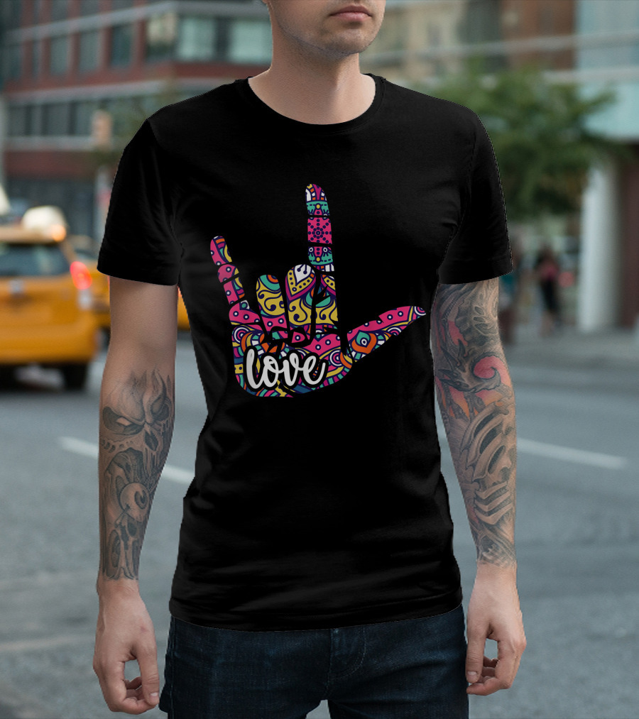 ASL Sign Language I Love You Colorful Patterned Hand T-Shirt