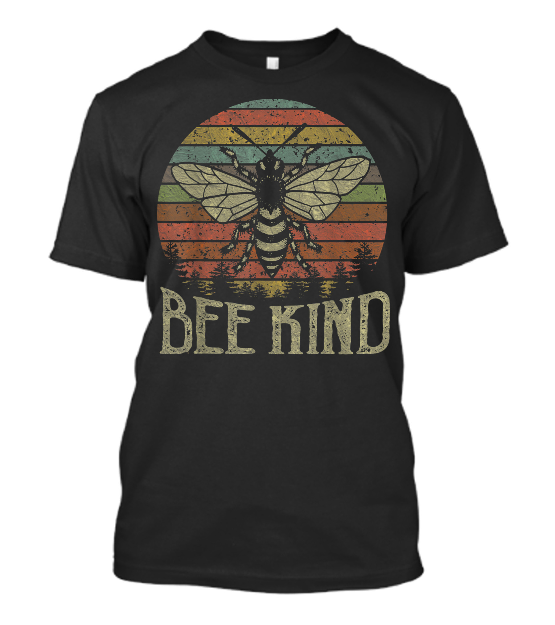 Bee Kind Vintage Sunset Retro Stripes Bee With Forest T-Shirt
