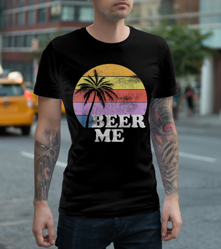 Beer Me Vintage Style Palm Tree Sunset Beer Lovers T-Shirt