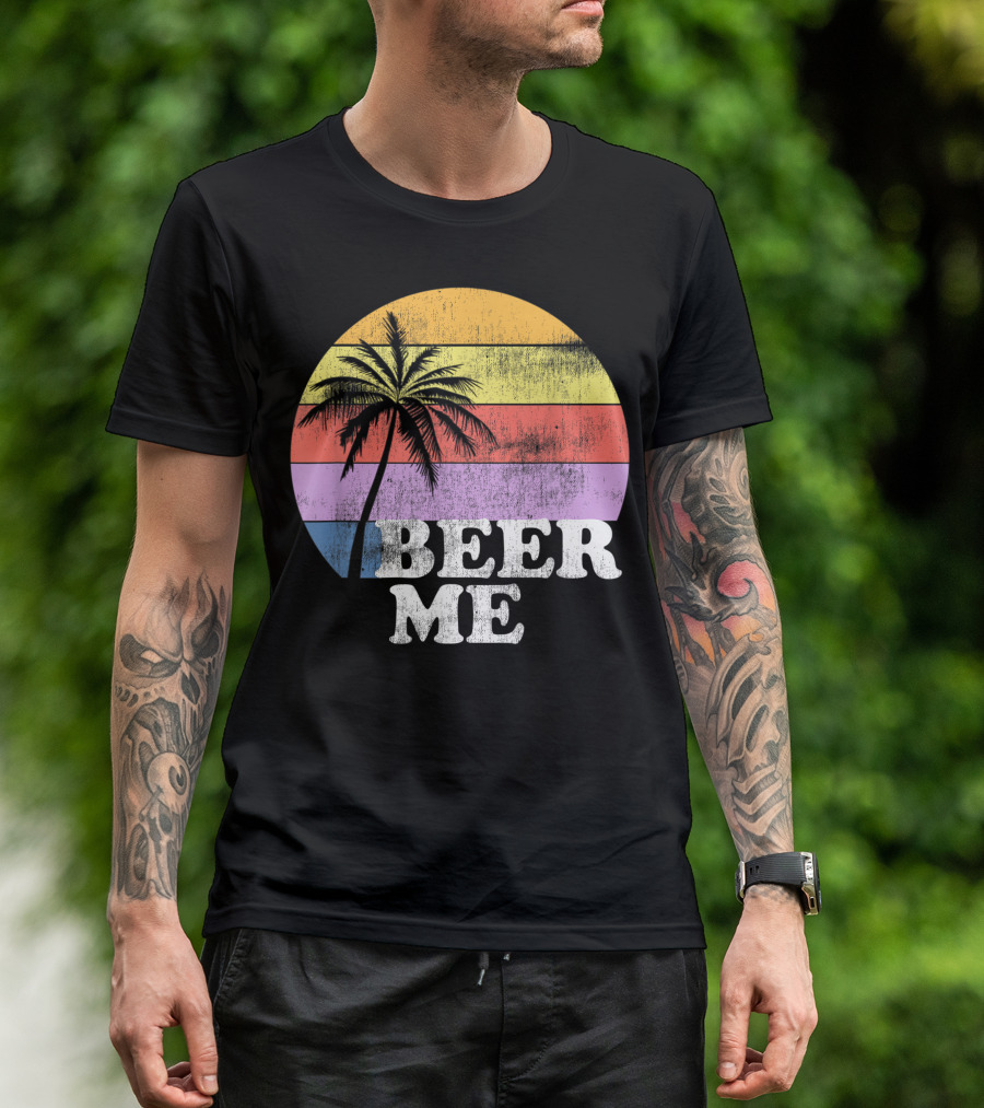 Beer Me Vintage Style Palm Tree Sunset Beer Lovers T-Shirt
