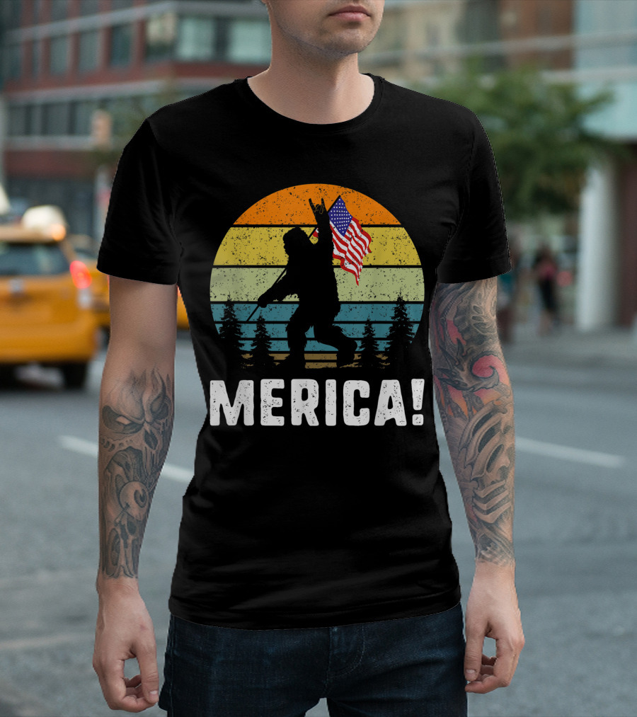 Merica Bigfoot Rock And Roll Usa Flag Forest Sasquatch T-Shirt