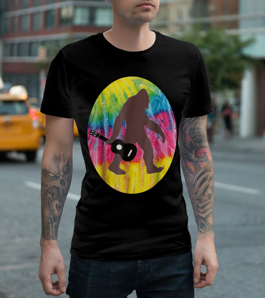 Bigfoot Tie Dyed Hippie Sasquatch Playing Guitar T-Shirt
