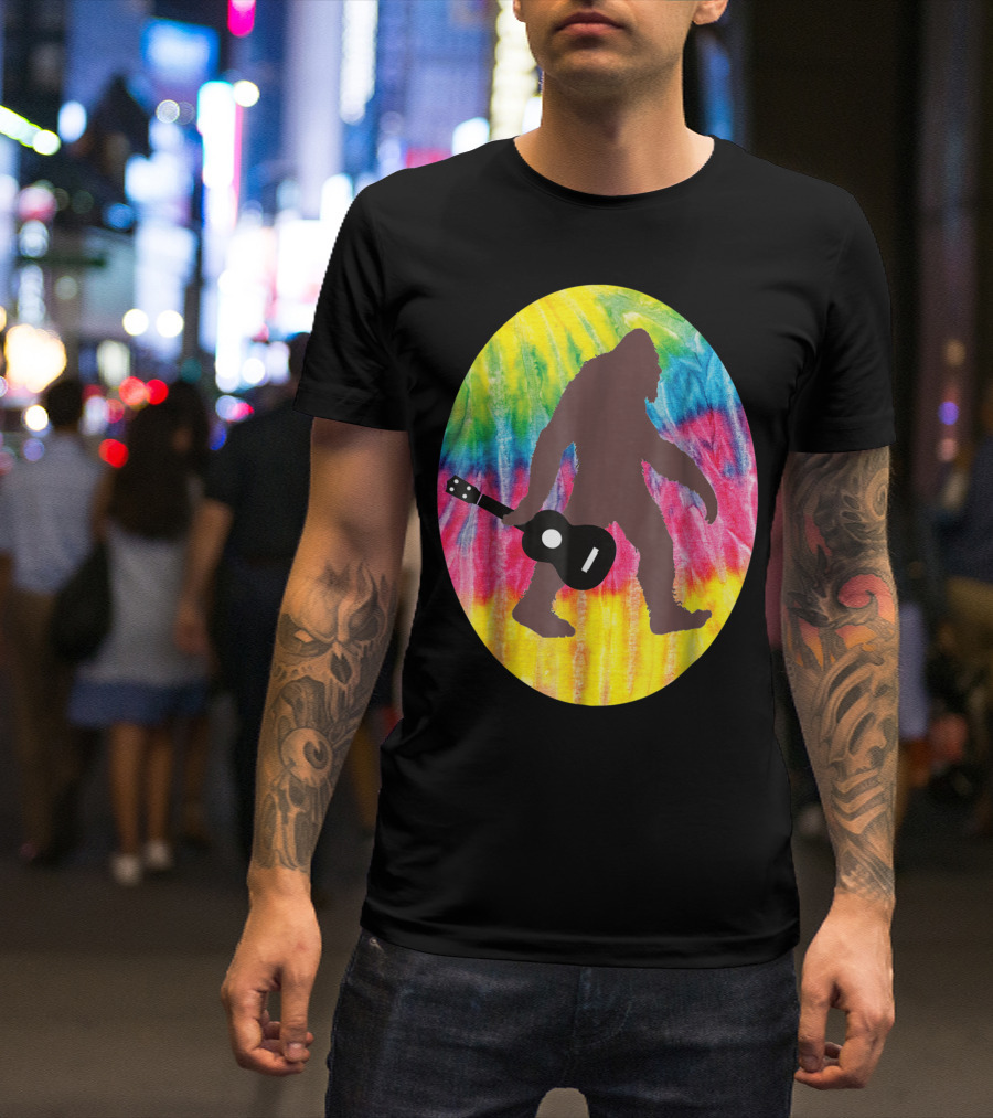 Bigfoot Tie Dyed Hippie Sasquatch Playing Guitar T-Shirt