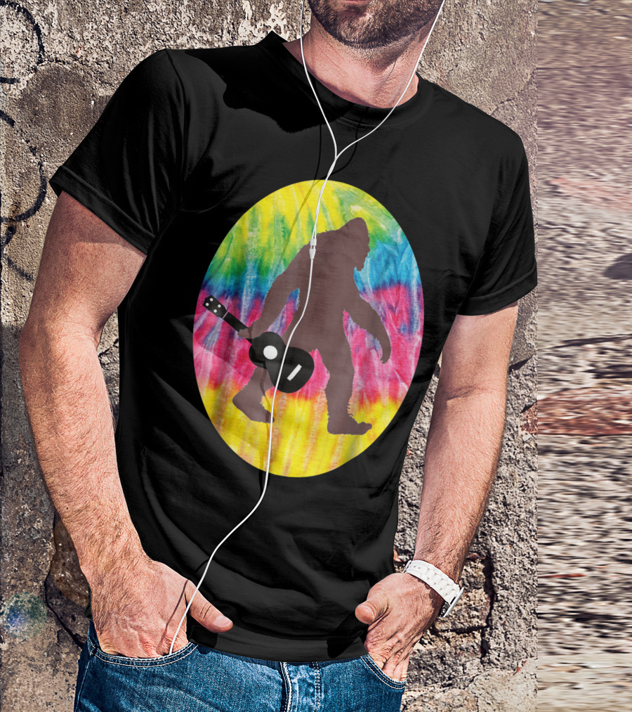 Bigfoot Tie Dyed Hippie Sasquatch Playing Guitar T-Shirt