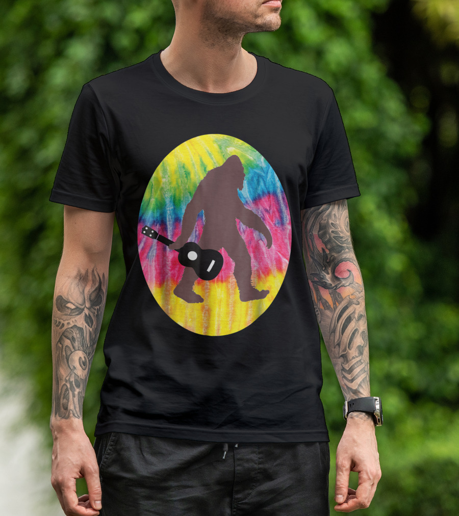Bigfoot Tie Dyed Hippie Sasquatch Playing Guitar T-Shirt