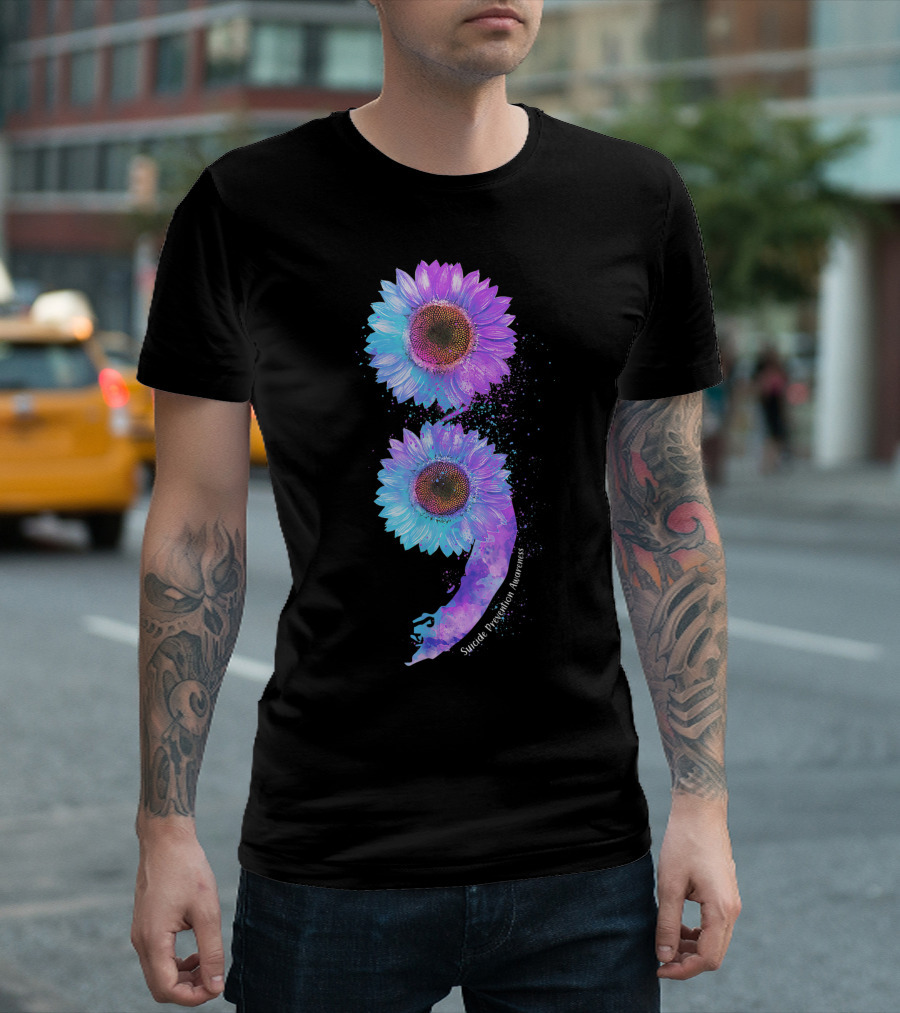 Blue Purple Sunflower Semicolon Suicide Prevention Awareness T-Shirt