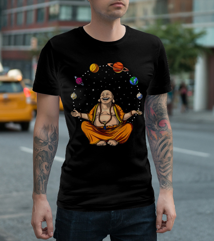 Buddha Zen Meditation Juggling Space Planets Spiritual Yoga T-Shirt