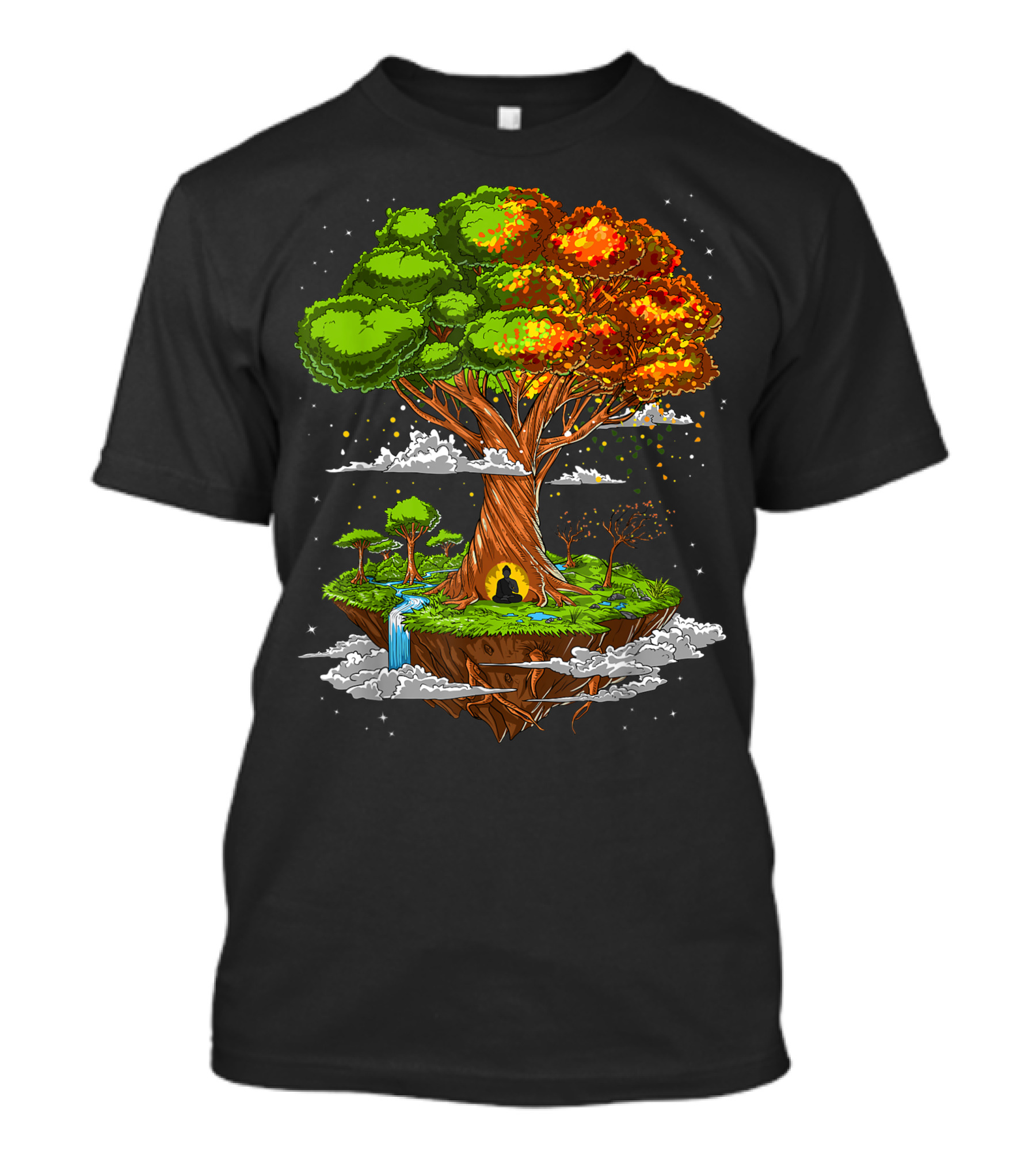 Buddha Meditation Under Tree Of Life Zen Yoga Spiritual Buddhist Floating Island T-Shirt