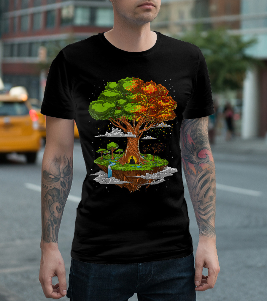 Buddha Meditation Under Tree Of Life Zen Yoga Spiritual Buddhist Floating Island T-Shirt