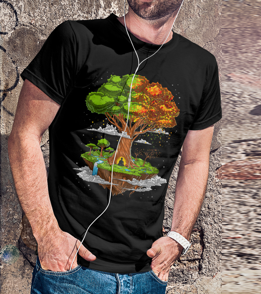 Buddha Meditation Under Tree Of Life Zen Yoga Spiritual Buddhist Floating Island T-Shirt