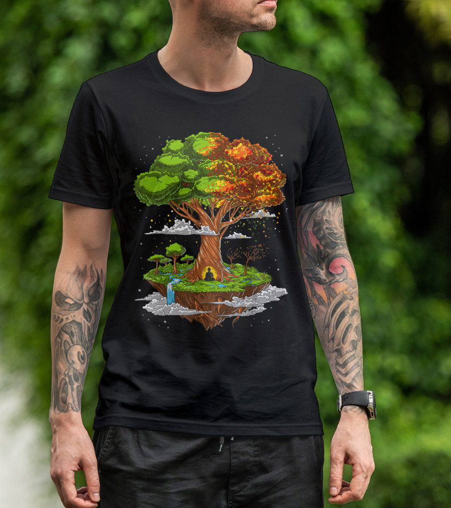 Buddha Meditation Under Tree Of Life Zen Yoga Spiritual Buddhist Floating Island T-Shirt