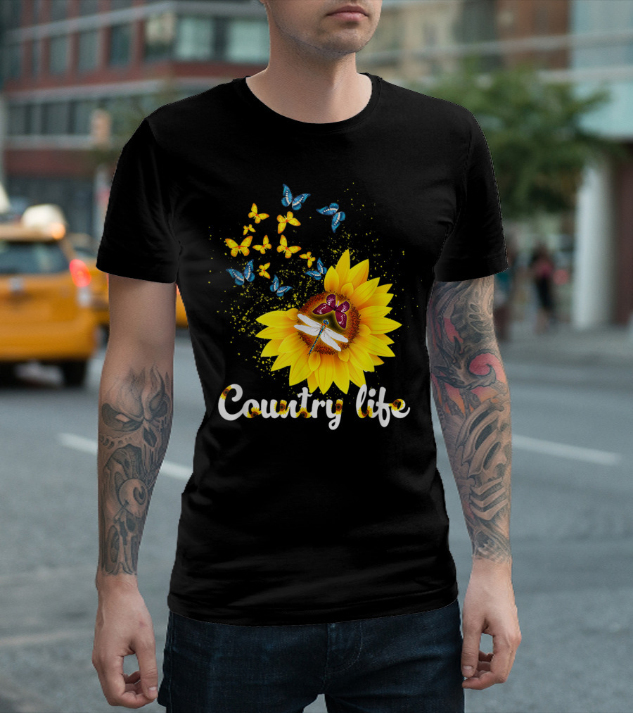 Butterfly Dragonfly Sunflower Country Life T-Shirt