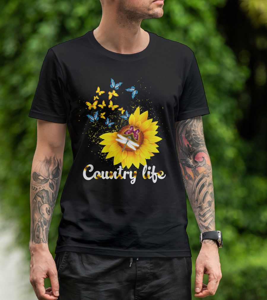 Butterfly Dragonfly Sunflower Country Life T-Shirt