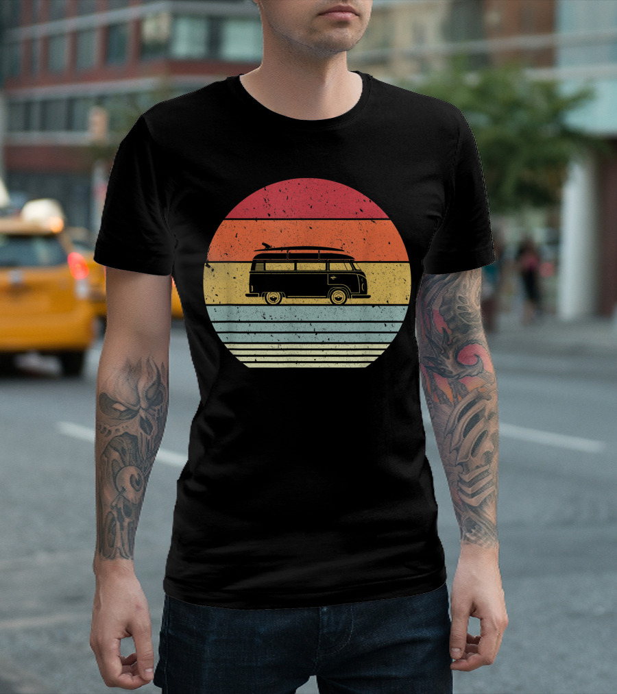 Retro Camper Van in Sunset Stripes Camping T-Shirt
