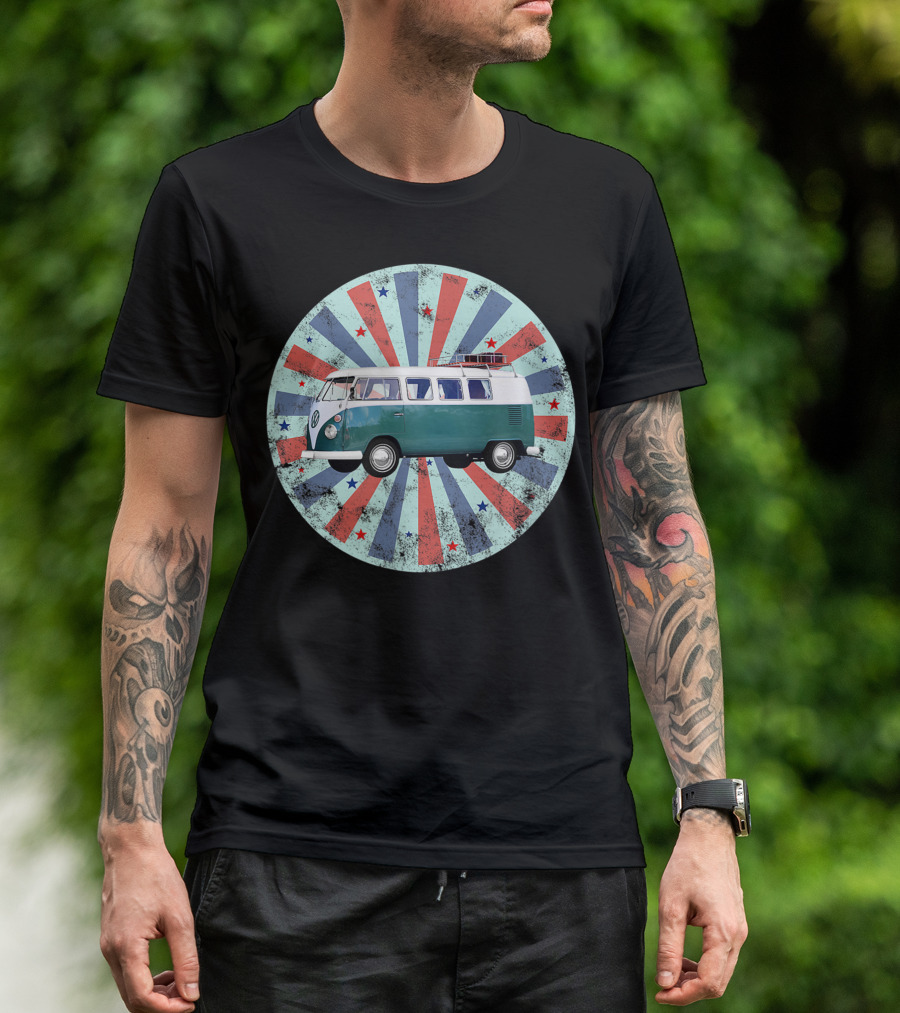 Classic Vintage Hippie Bus Van Starburst Retro Circle T-Shirt