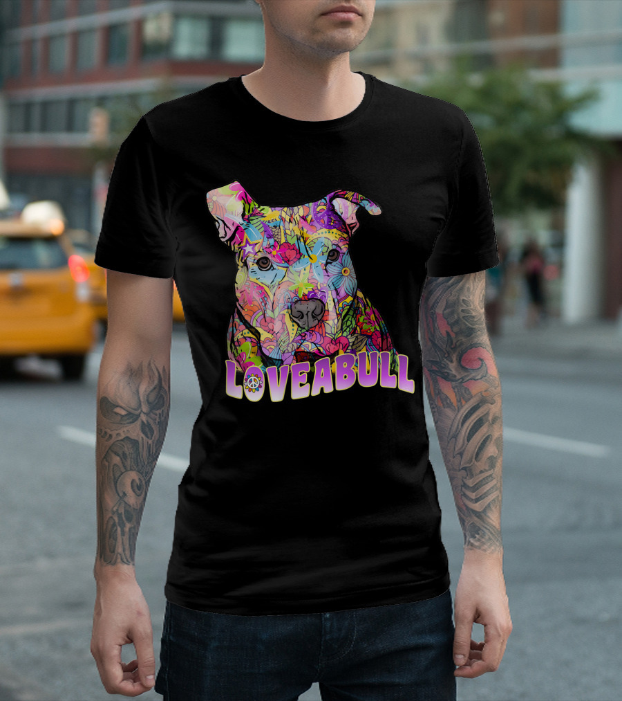 Colorful Loveabull Pitbull Art with Floral and Star T-Shirt
