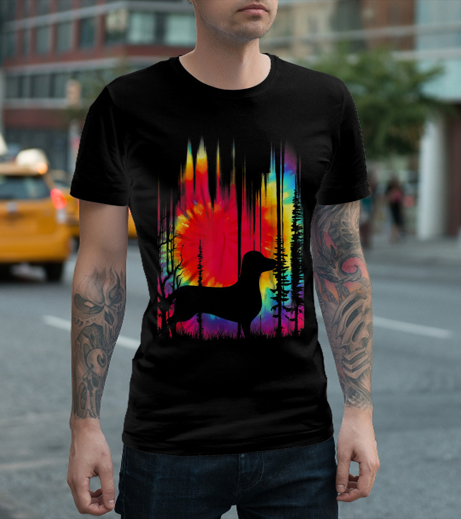 Colorful Tie Dye Dachshund Hippie Puppy Psychedelic Forest T-Shirt