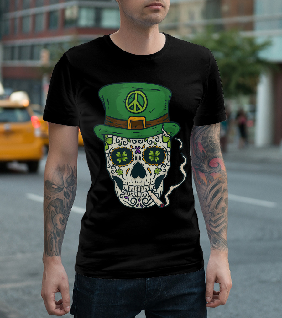 Cool Boho Sugar Skull Day Of The Dead Saint Patrick's Day Peace Hat Smoking T-Shirt