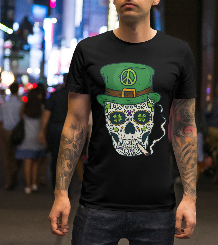 Cool Boho Sugar Skull Day Of The Dead Saint Patrick's Day Peace Hat Smoking T-Shirt