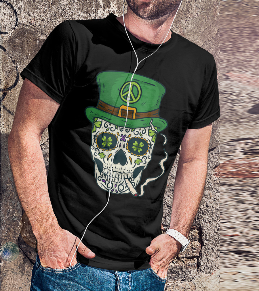 Cool Boho Sugar Skull Day Of The Dead Saint Patrick's Day Peace Hat Smoking T-Shirt