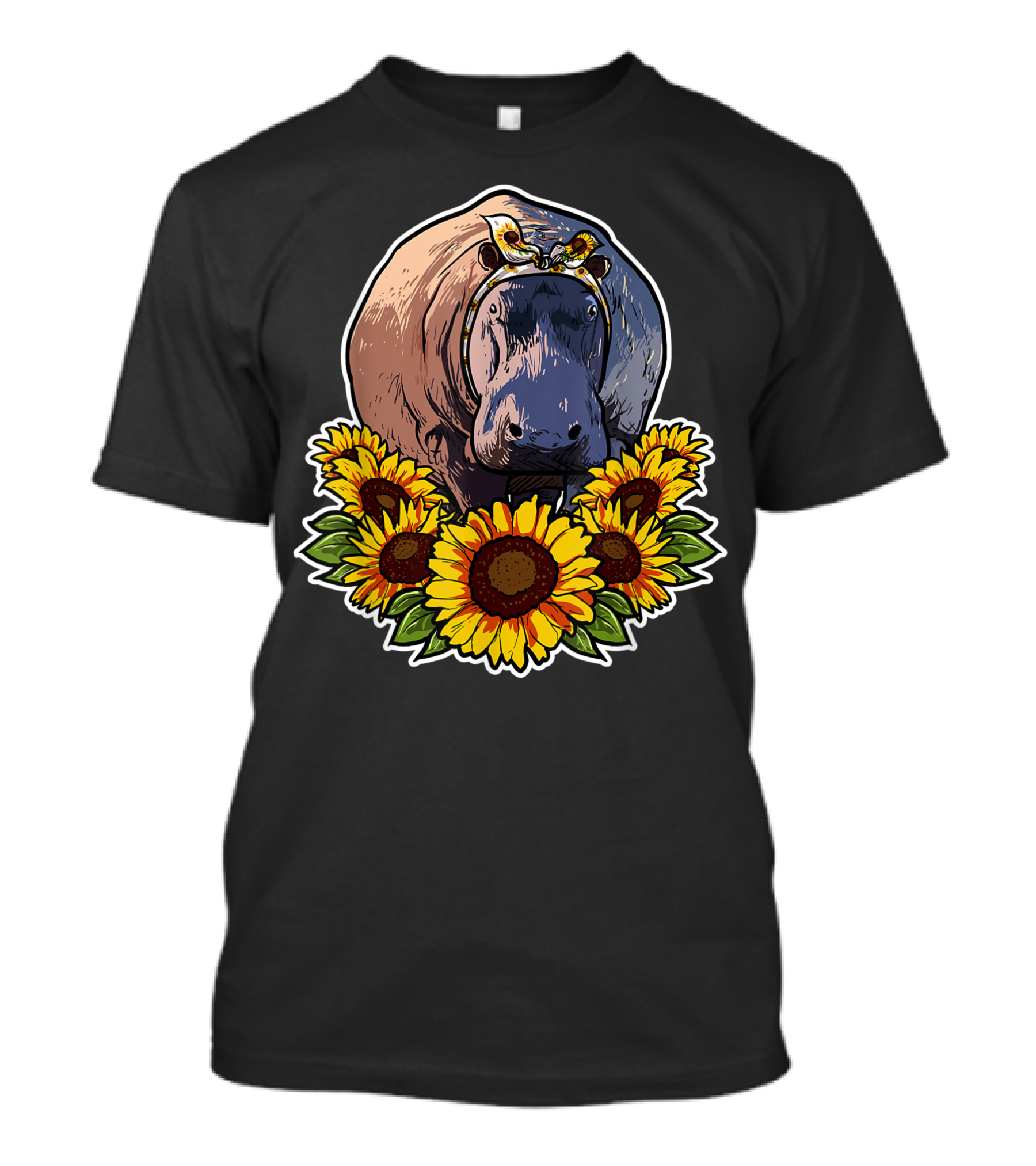 Hippopotamus With Sunflower Garland Cute Decor Hippo T-Shirt