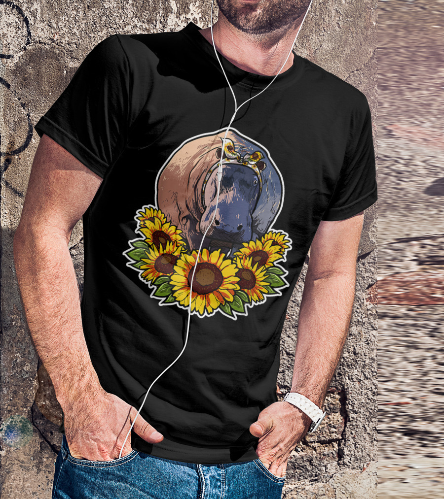 Hippopotamus With Sunflower Garland Cute Decor Hippo T-Shirt