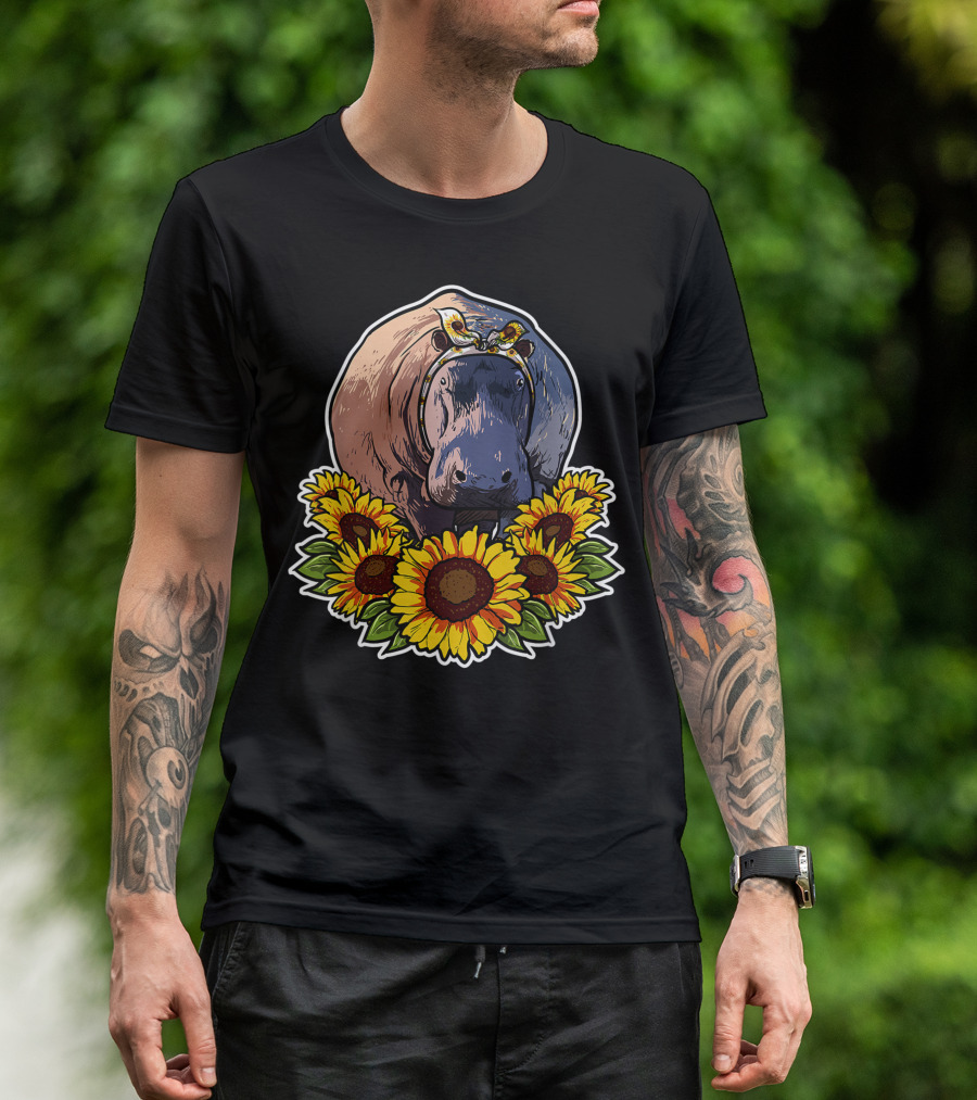 Hippopotamus With Sunflower Garland Cute Decor Hippo T-Shirt