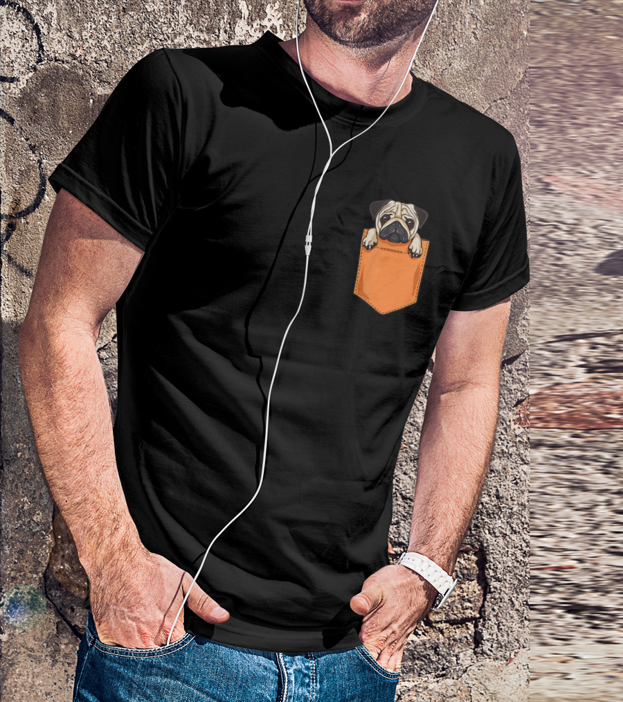 Cute Kawaii Pug Dog Peeking From Orange Pocket For Dog Lovers Anime Style 7Q T-Shirt