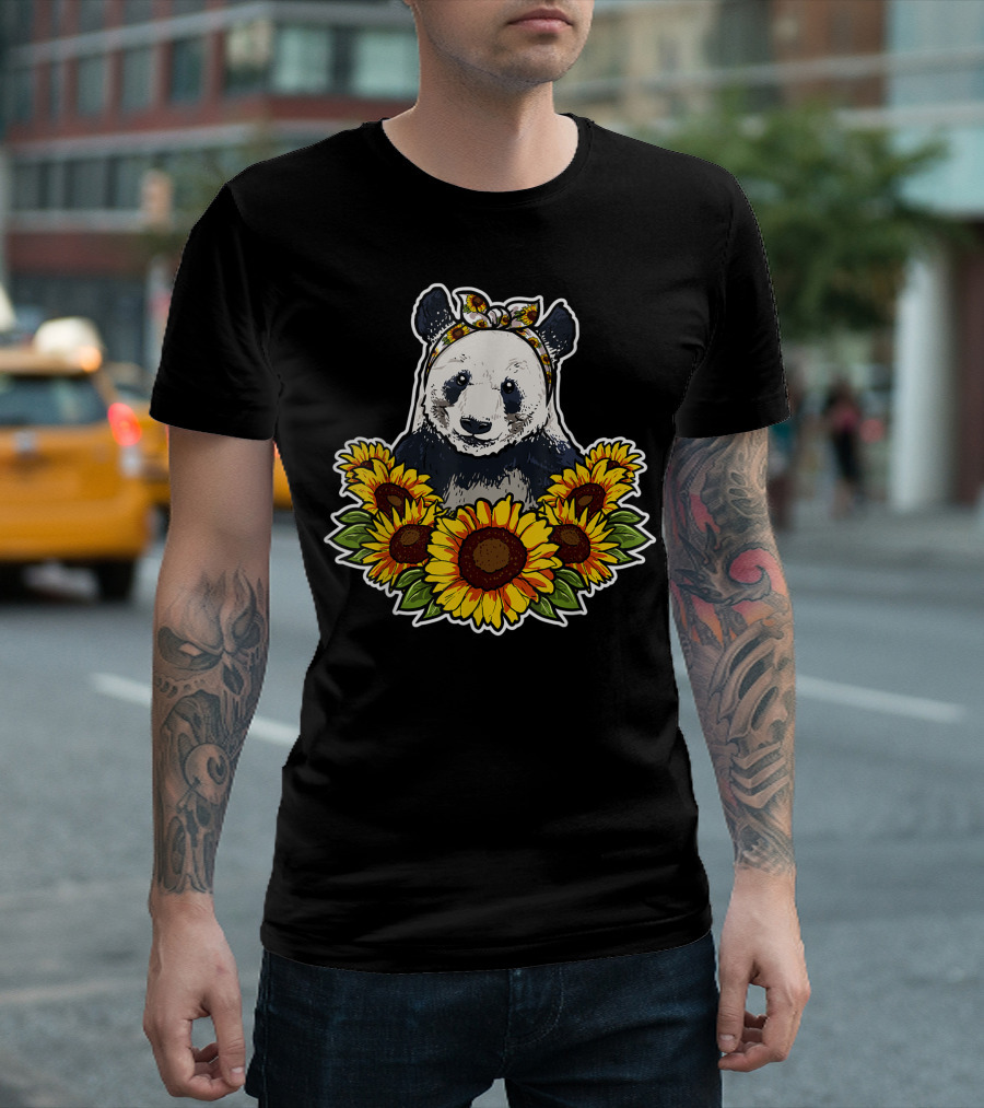 Cute Panda with Sunflower Headband Surrounded by Sunflower Decor T-Shirt