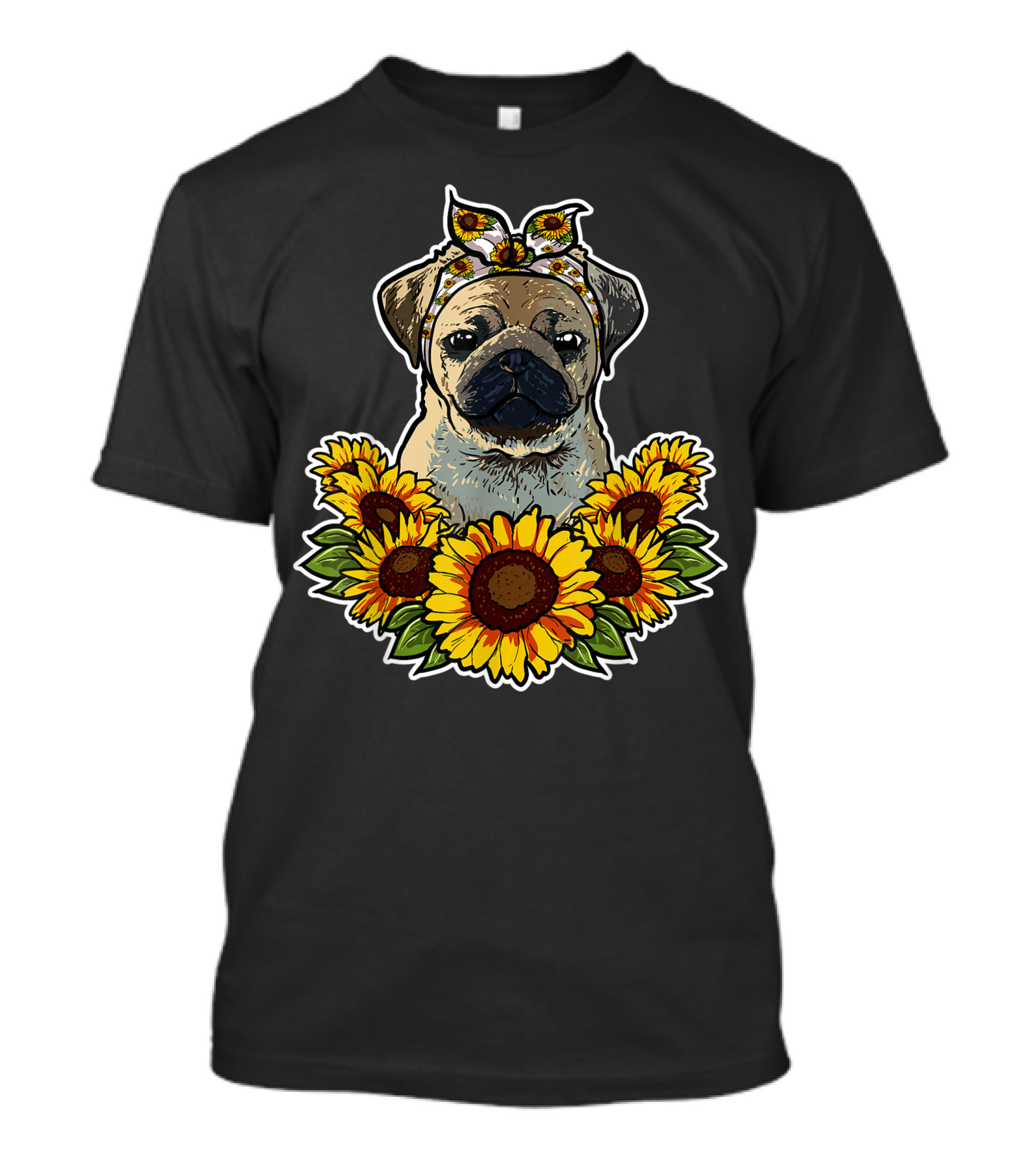 Cute Pug Surrounded By Sunflower Decor With Bandana T-Shirt