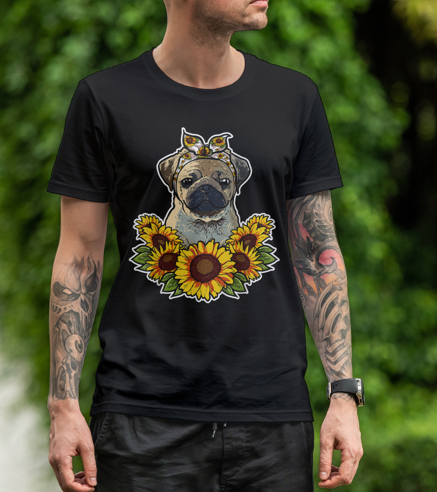 Cute Pug Surrounded By Sunflower Decor With Bandana T-Shirt