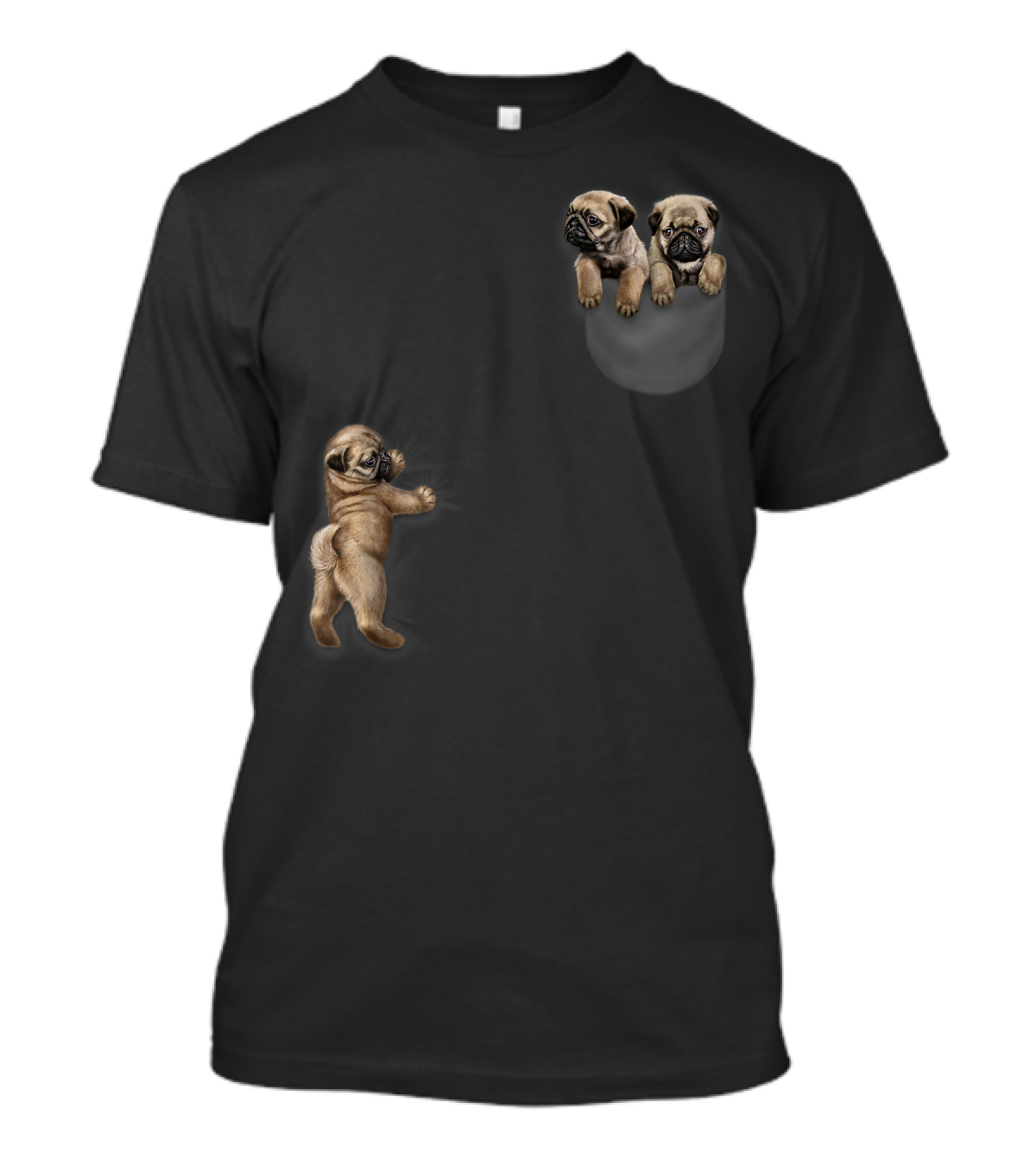 Cute Sleepy Pug Hang Out In Pocket Dog Playful Pug Puppies T-Shirt