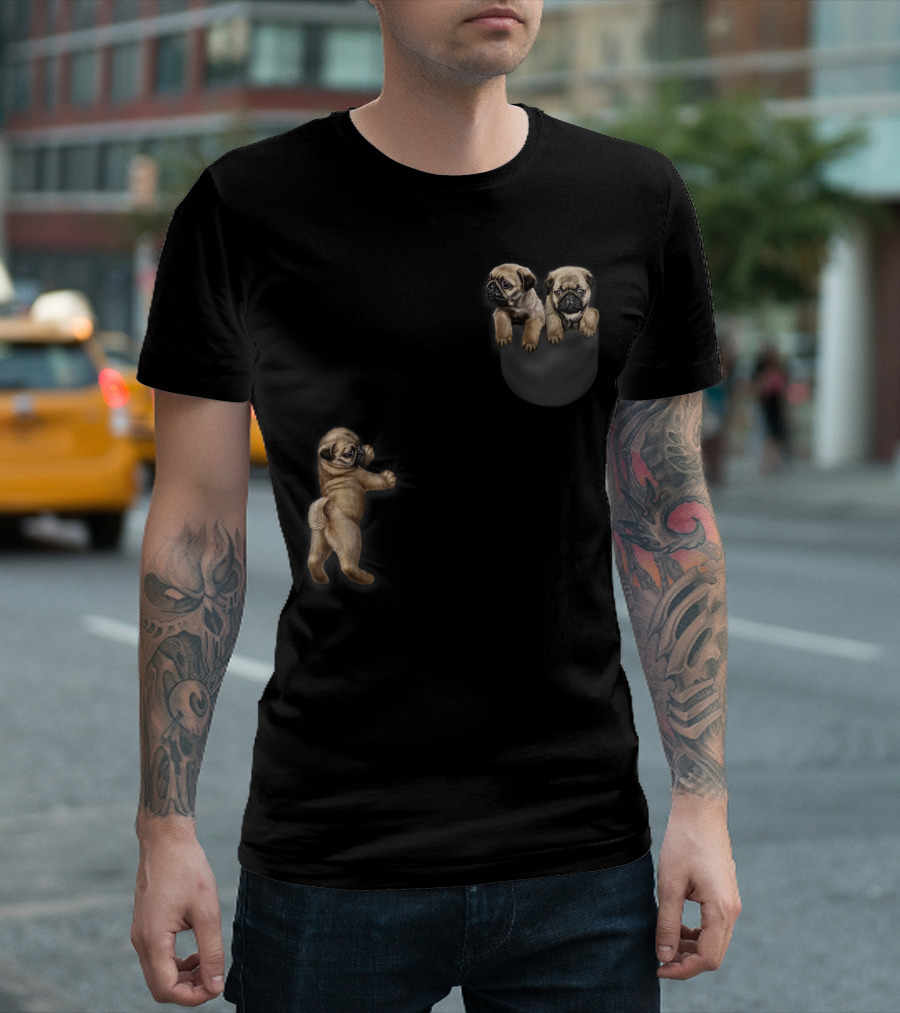 Cute Sleepy Pug Hang Out In Pocket Dog Playful Pug Puppies T-Shirt